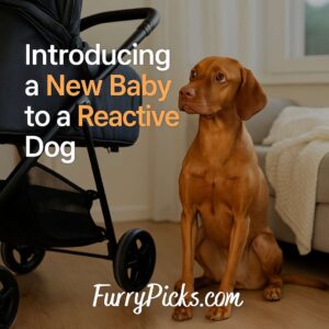 Dog watching newborn baby calmly from distance, supervised introduction, reactive dog, introducing baby to dog, calm dog around baby