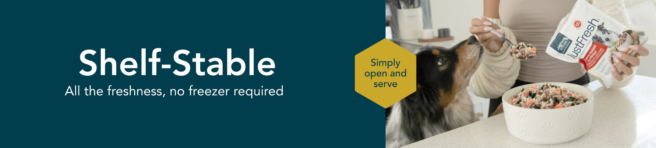 Convenient shelf-stable dog food being served from a package, no freezer needed